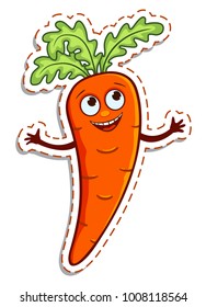 Cartoon happy carroot sticker. Vector illustration. Isolated on white.