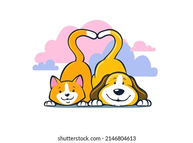 Cartoon happy cat and dog wagging with tails making heart shape, vector illustration pet logo.