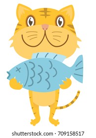cartoon happy cat with fish