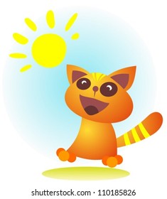 Cartoon happy cat isolated on a blue sky background.