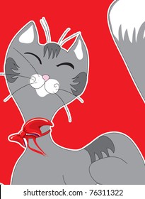 Cartoon happy cat on a red  background.