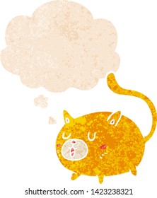 dibujo animado felino feliz con burbuja de pensamiento en un estilo retro angustiado con texturas estrafalarias