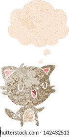 cartoon happy cat with thought bubble in grunge distressed retro textured style