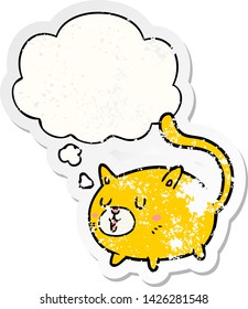 cartoon happy cat with thought bubble as a distressed worn sticker
