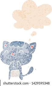 dibujo animado felino feliz con burbuja de pensamiento en un estilo retro angustiado con texturas estrafalarias