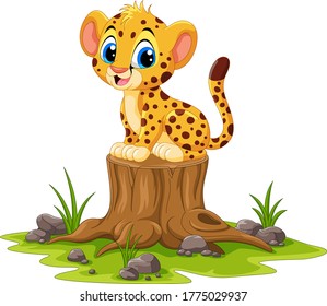 Cartoon happy cheetah sitting on tree stump