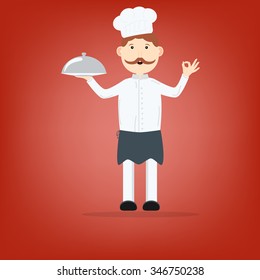 A cartoon happy chef character holding a platter or cloche and giving an okay or perfect chef gesture. Red background.