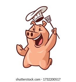 Cartoon Happy Chef Pig Mascot Logo