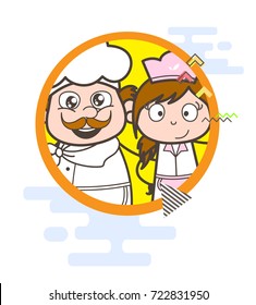 Cartoon Happy Chef and Smiling Waitress Vector Illustration
