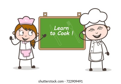 Cartoon Happy Chef and Waitress with Info Banner Vector