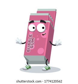 cartoon happy Chewing Bubble Gum in Pink Pack mascot smiling on white background