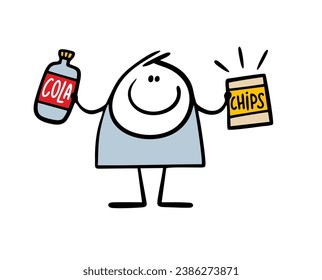 Cartoon happy child goes to the cinema, bought pack of chips and  plastic bottle of cola. Vector illustration of a thick stickman and   harmful food from advertising. Isolated on white background.