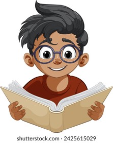 Cartoon of a happy child immersed in reading