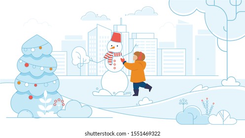 Cartoon Happy Child Making Snowman on City Street. Kid Wearing Warm Clothes Playing on in Yard Covered with Snow. Winter Fun and Outdoors Activities during Holidays Vacation. Vector Xmas Illustration