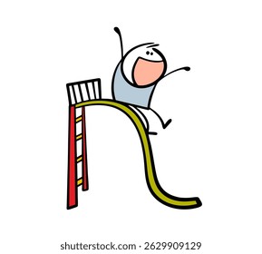 Cartoon happy child is playing on the playground. Vector illustration of a boy rolling down a slide, entertainment for children.