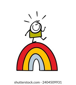 Niña feliz de caricatura camina sobre un arco iris en el cielo. Ilustración vectorial del chico de los stickman despreocupado y símbolo de alegría y positividad. Carácter gracioso aislado sobre fondo blanco.