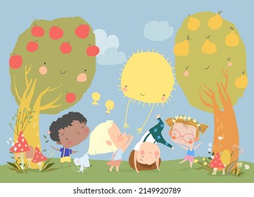 Cartoon Happy Children enjoying Summer in the Park