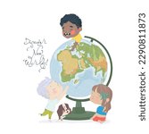 Cartoon Happy Children looking at the Globe