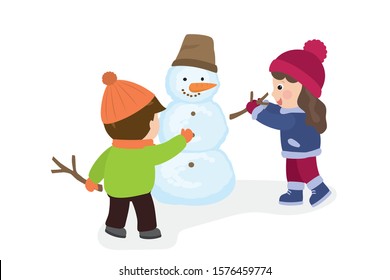 Cartoon happy children make a snowman. Cute caucasian kids build a sculpture of snow together. Boy and girl characters isolated on white background. Flat vector illustration