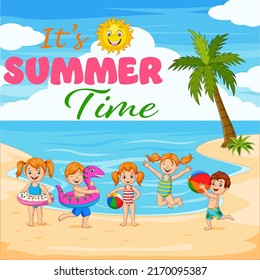 Cartoon happy children playing at the beach