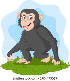 Cartoon happy chimpanzee in the grass