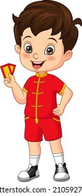 Cartoon happy chinese boy holding an envelope