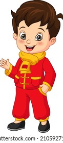 Cartoon happy chinese boy waving hand