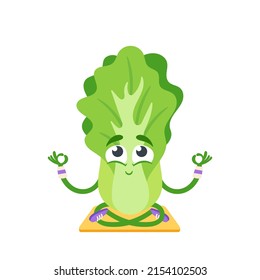 Cartoon Happy Chinese Cabbage Character on Yoga or Fitness Sport. Healthy Food Sit in Meditation Asana, Lotus Pose. Funny Smiling Personage Wellness Class, Mind Balance. Cartoon Vector Illustration