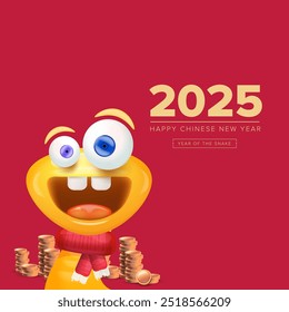 Desenho animado Feliz Ano Novo chinês 2025 ilustração vetor design com cobra dourada bonito e amigável e moedas de ouro. Cartoon cobra com o símbolo do cachecol do ano lunar de 2025. Ilustração de ano novo