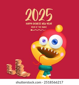 Cartoon Happy Chinese New Year 2025 illustration vector design with cute and friendly golden snake and golden coins. Cartoon snake with scarf symbol of 2025 lunar year. New year illustration