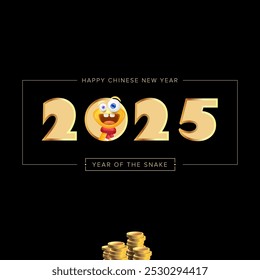 Cartoon Happy Chinese New Year 2025 illustration vector design with cute and friendly golden snake and golden coins. Cartoon snake with scarf symbol of 2025 lunar year. New year illustration