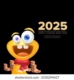 Cartoon Happy Chinese New Year 2025 illustration vector design with cute and friendly golden snake and golden coins. Cartoon snake with scarf symbol of 2025 lunar year. New year illustration