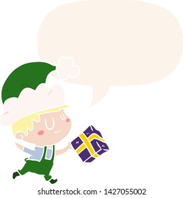 cartoon happy christmas elf with present with speech bubble in retro style