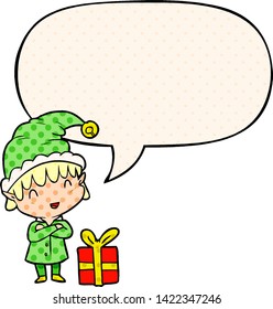 cartoon happy christmas elf with speech bubble in comic book style