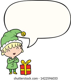 cartoon happy christmas elf with speech bubble