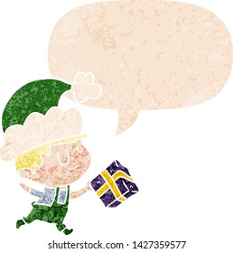 cartoon happy christmas elf with speech bubble in grunge distressed retro textured style