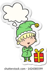 cartoon happy christmas elf with thought bubble as a printed sticker
