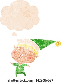 cartoon happy christmas elf with thought bubble in grunge distressed retro textured style