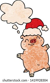 cartoon happy christmas pig with thought bubble in grunge texture style