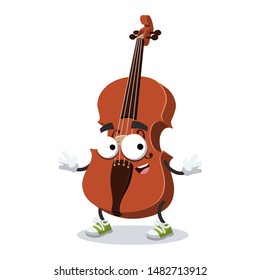 cartoon happy classical brown wooden violin mascot smiling on white background