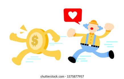 cartoon happy clown carnival and gold coin money economy doodle vector illustration flat design style
