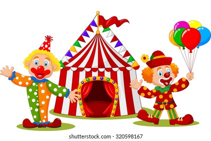 Cartoon happy clown in front of circus tent 