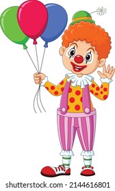 Cartoon happy clown holding colorful balloons