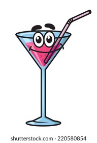 Cartoon happy cocktail character with straw, face, smiling mouth and eyes