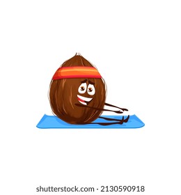 Cartoon happy coconut character on yoga fitness sport. Isolated vector coco nut seed personage sitting on mat stretching legs and arms. Kernel yogi in headband, natural healthy food, single element