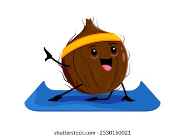 Cartoon happy coconut character on yoga fitness sport. Isolated vector coco nut seed personage sitting on mat stretching legs and arms. Kernel yogi in headband, natural healthy food, tropical plant