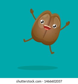 cartoon happy coffee bean character isolated on turquoise background. funky kawaii food character