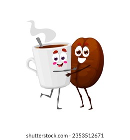 Cartoon happy coffee bean and cup characters. Hot drink, fast food restaurant or coffeeshop cafe isolated vector childish mascots. Hugging coffee bean and mug with tea happy smiling personages