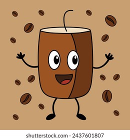 Cartoon happy coffee cup with coffee bean on brown background. Vector illustration