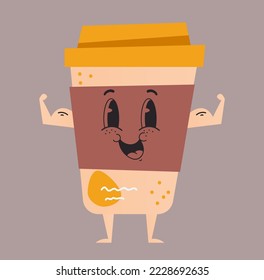 Cartoon happy coffee cup character. Take away hot drink concept. Vector graphic design illustration element